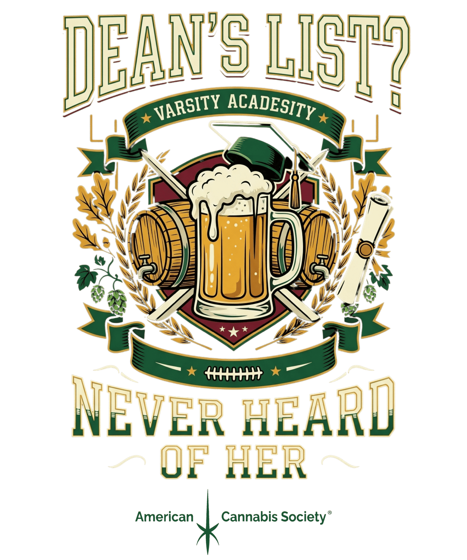 Dean's List Never Heard of Her tee from the American Cannabis Society® line promoted through the affiliate program